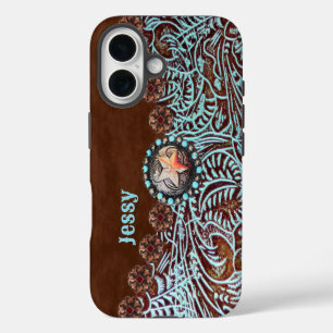 Rustikal Brown Türkis Cowboy Western Land iPhone 16 Hülle