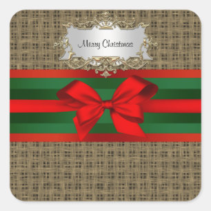 Rustikal Burlap Red Green Bow Ribbon Quadratischer Aufkleber