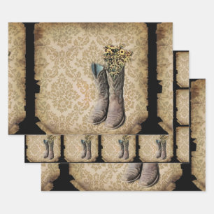 Rustikal-Damast-Western-Cowboystiefel Geschenkpapier Set