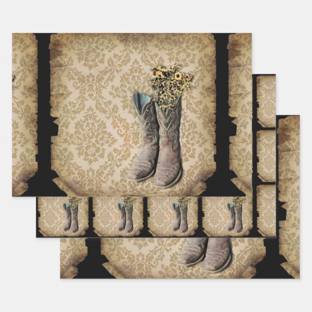 Rustikal-Damast-Western-Cowboystiefel Geschenkpapier Set (Set)