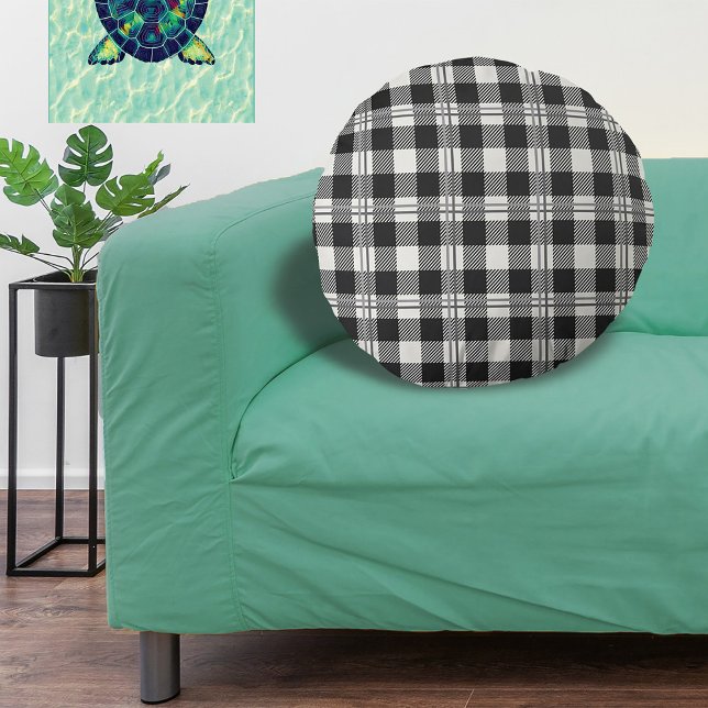 Rustikal dunkelgrau von White Buffalo Kariert Rundes Kissen (Buffalo Plaid Dark Gray and Buttercream Plain Round Pillow)