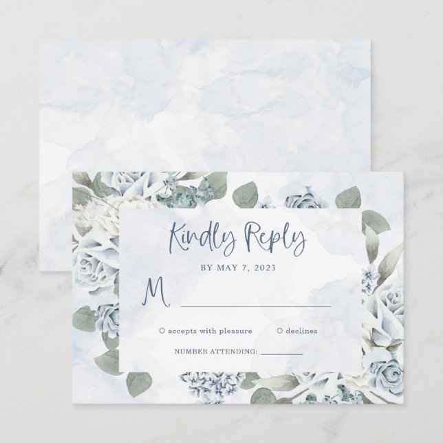 Rustikal Dusty Blue Floral | Wasserfarbenhochzeit RSVP Karte (Vorne/Hinten)