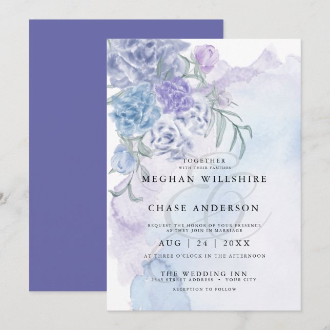 Rustikal Dusty Blue Watercolor Floral Einladung (Vorne/Hinten)