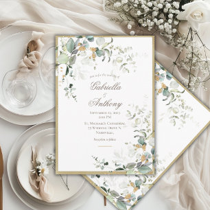 Rustikal Elegante Blätter Grün Goldene Hochzeit Einladung