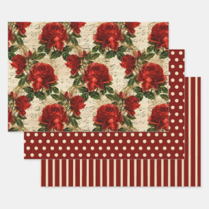 Rustikal Elegante Rote Rosen Polka Punkte Streifen Geschenkpapier Set