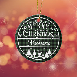 Rustikal frohe Weihnachten Grün & Schwarz Karierte Keramik Ornament
