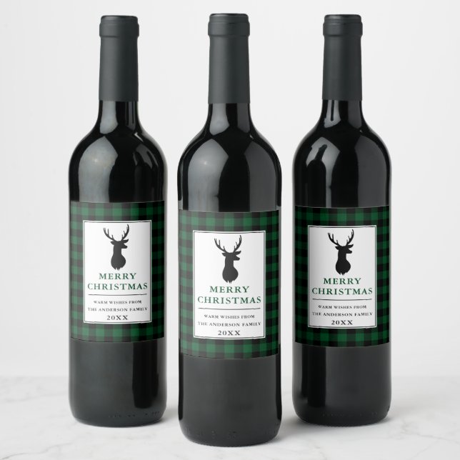 Rustikal frohe Weihnachten Hirsch Grün Kariert Weinetikett (Flaschen)