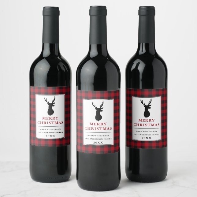 Rustikal frohe Weihnachten Hirsch Rot Kariert Weinetikett (Flaschen)