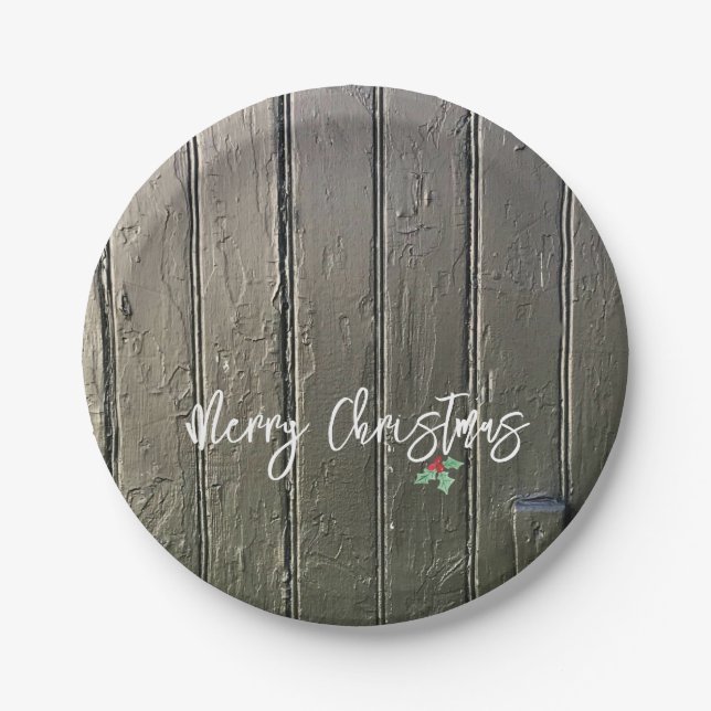 Rustikal frohe Weihnachten Holly Black Barn Door Pappteller (Vorderseite)