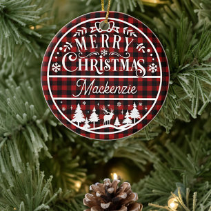 Rustikal frohe Weihnachten Rot & Schwarz Kariert C Keramik Ornament