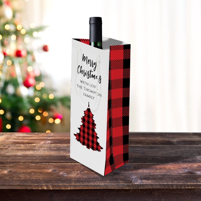 Rustikal Frohe Weihnachts Buffalo Karo Custom Geschenktüte Für Weinflaschen (Merry Christmas holiday Christmas tree wine gift bag)