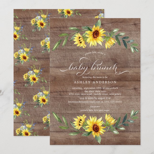 Rustikal fröhlicher Yellow Sunflower Baby Brunch Einladung (Vorne/Hinten)