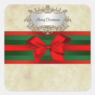 Rustikal gestört 2, Red & Green Ribbon Weihnachten Quadratischer Aufkleber