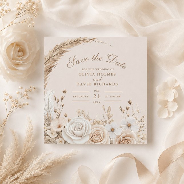 Rustikal getrocknete Wildblumen und Weißrosen Hoch Save The Date (Rustic Wildflower Beige Save the Date with beige wedding decor and flowers)