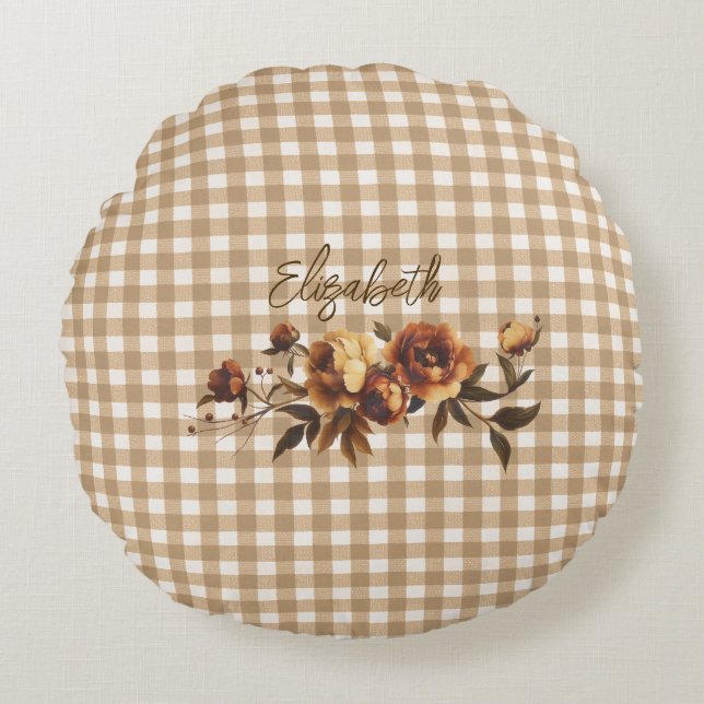 Rustikal Gingham Herbst Personalisiert Rundes Kissen (Vorderseite)