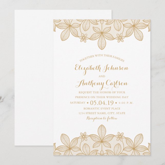 Rustikal Golden Lace Luxus Elegantes Hochzeitsfest Einladung (Vorne/Hinten)