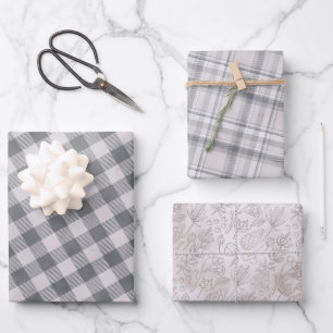 Rustikal, grau Kariert und Drei-Seiten-Muster-Wrap Geschenkpapier Set