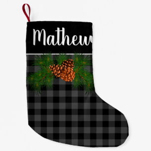 Rustikal graues schwarzes Büffel karierte Kiefernk Kleiner Weihnachtsstrumpf