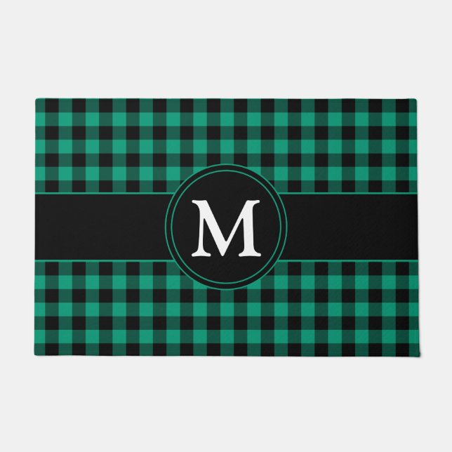 Rustikal Green Kariert Gingham Monogram Fußmatte (Vorderseite)