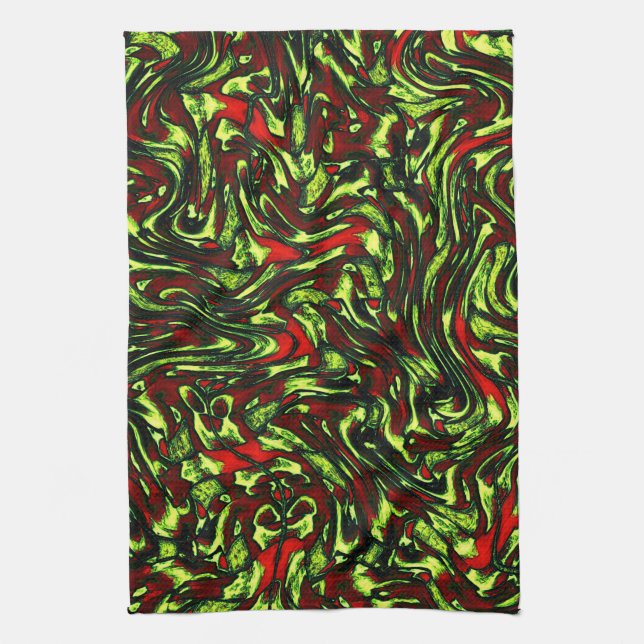 Rustikal-grüngelbe und lebhafte rote Kurven Geschirrtuch (Vertikal)