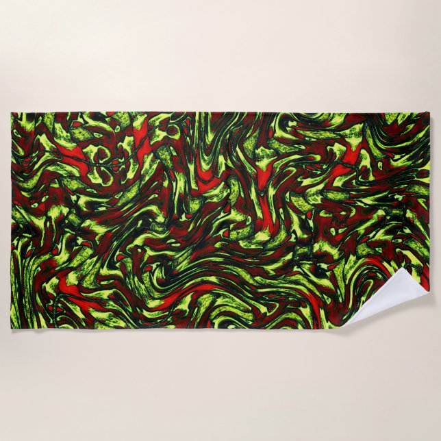Rustikal-grüngelbe und lebhafte rote Kurven Strandtuch (Vorderseite)
