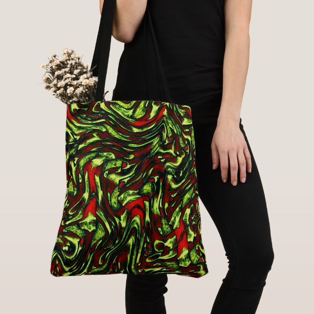Rustikal-grüngelbe und lebhafte rote Kurven Tasche (Von Nahem)
