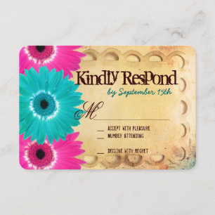 Rustikal-Hot-Pink-Aquamarine Daisies Hochzeiten RS RSVP Karte