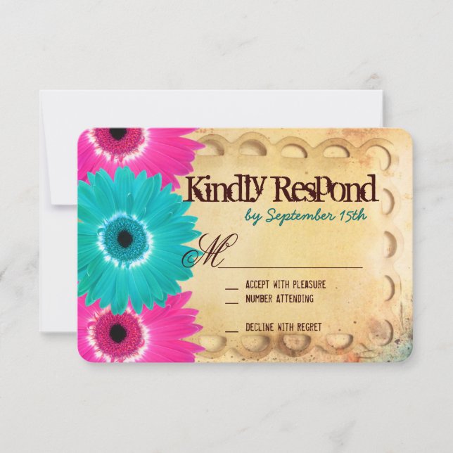 Rustikal-Hot-Pink-Aquamarine Daisies Hochzeiten RS RSVP Karte (Vorderseite)