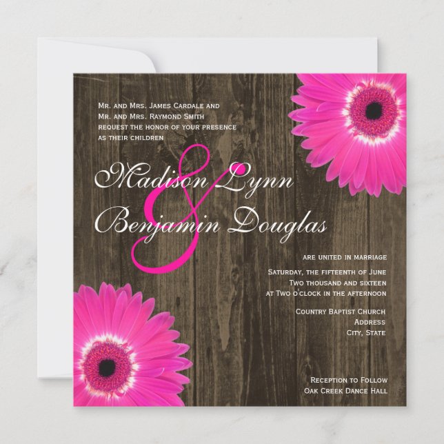 Rustikal Hot Pink Daisy Square Hochzeitseinladunge Einladung (Vorderseite)