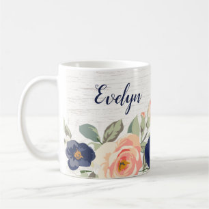 Rustikal Hübsch Navy Blue, Peach Floral Personali Kaffeetasse