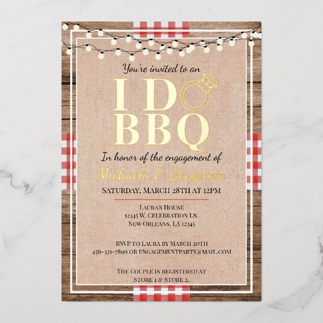 Rustikal I Do GRILLEN Engagement Party Paare Dusch Folieneinladung (Vorderseite)