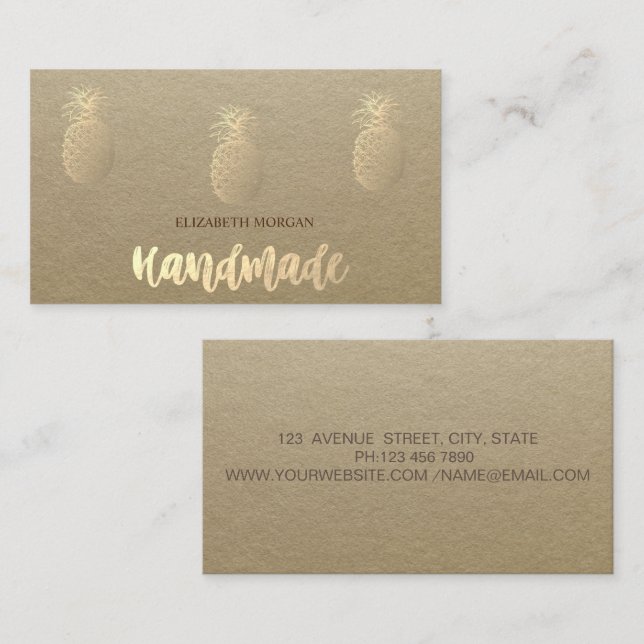 Rustikal, Kraft, Gold Ananas handgefertigt Visitenkarte (Vorne/Hinten)