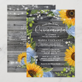Rustikal Light Blue Rose Sonnenblumen Quinceanera Einladung