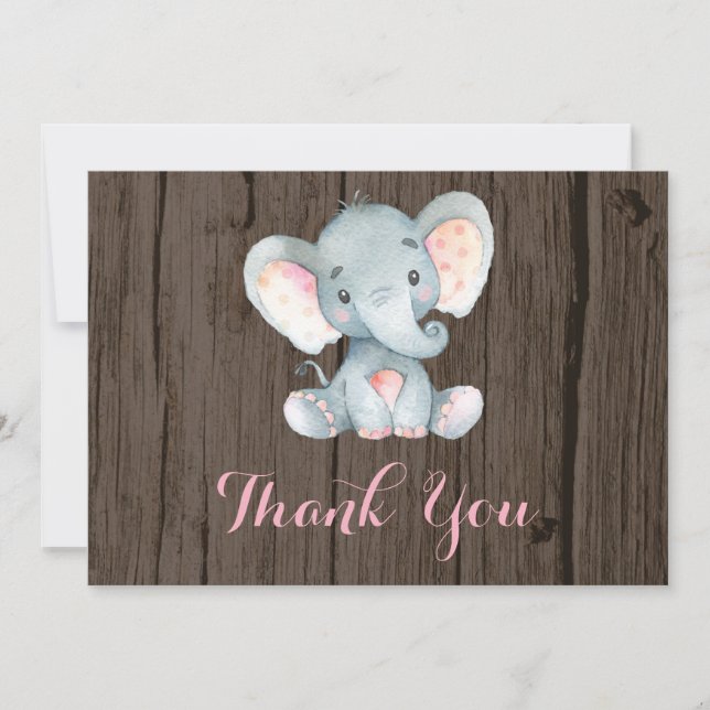Rustikal Niedlich Elephant Baby Girl Pink und Grau Dankeskarte (Vorderseite)