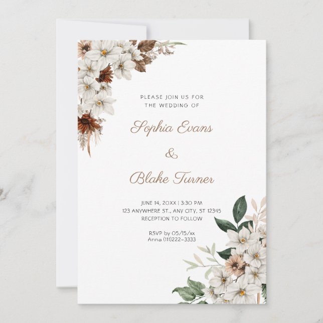 Rustikal Off White Blume Boho White Wedding Einladung (Vorderseite)
