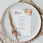 Rustikal Orange Boho | Watercolor White Wedding Menükarte<br><div class="desc">Diese wunderschönen und romantischen Hochzeitsmenüs sind im trendigen Boho-Stil und in eleganter bordeauxfarbener Kalligrafie gehalten. Rustikale,  böhmische Bouquets aus Orange,  Pfirsich,  Blüte,  Taupe Blume und neutrale botanische Blätter schmücken die Ecken,  mit subtilen Aquarellspritzungen auf weißem Hintergrund mit sanften,  blüten Wasserfarben.</div>