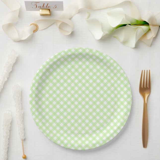 Rustikal, Pastel Green Gingham Pattern Pappteller (Hochzeit)