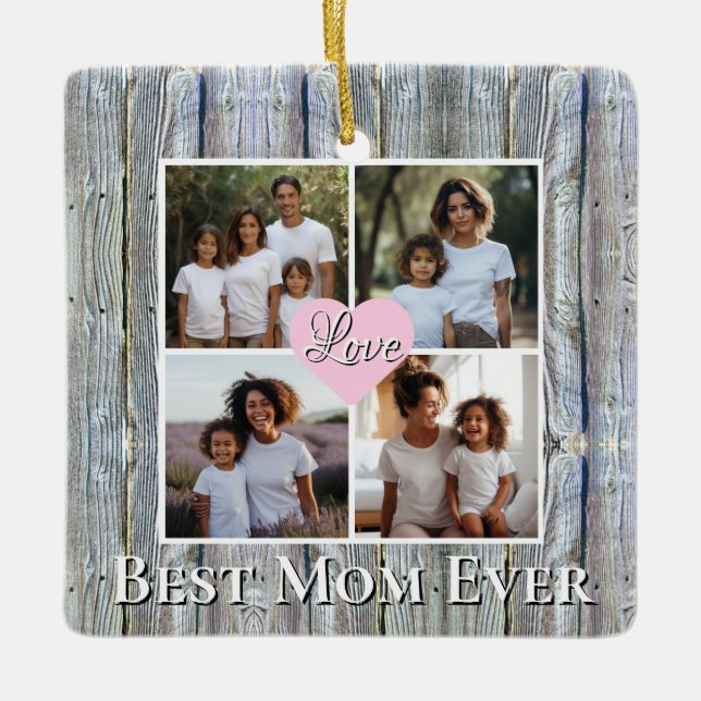 Rustikal Personalisiert 4 Foto Beste Mama je Keramikornament (Vorderseite)