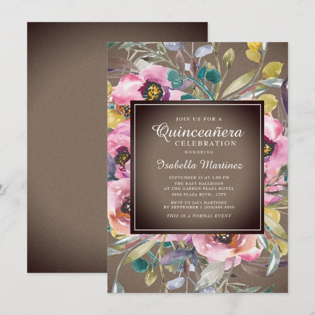 Rustikal Pink Aquarell Blumenbraun Quinceañera Einladung (Vorne/Hinten)