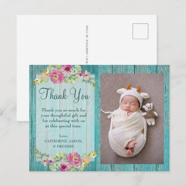 Rustikal Pink Blues Wood Baby Dusche Vielen Dank Postkarte (Vorne/Hinten)