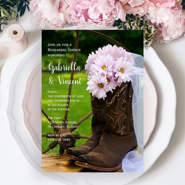 Rustikal Pink Daisies Boots Wedding Probe Dinner Einladung (Von Creator hochgeladen)