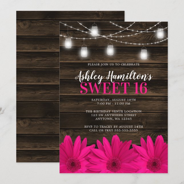 Rustikal Pink Daisy Mason Jar Lights Sweet 16 Einladung (Vorne/Hinten)