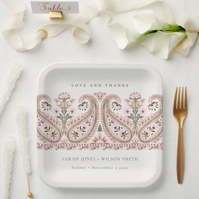 Rustikal Pink Green Floral Paisley Motif Wedding Pappteller (Hochzeit)
