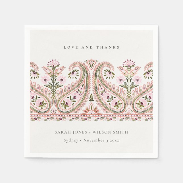 Rustikal Pink Green Floral Paisley Motif Wedding Serviette (Vorderseite)