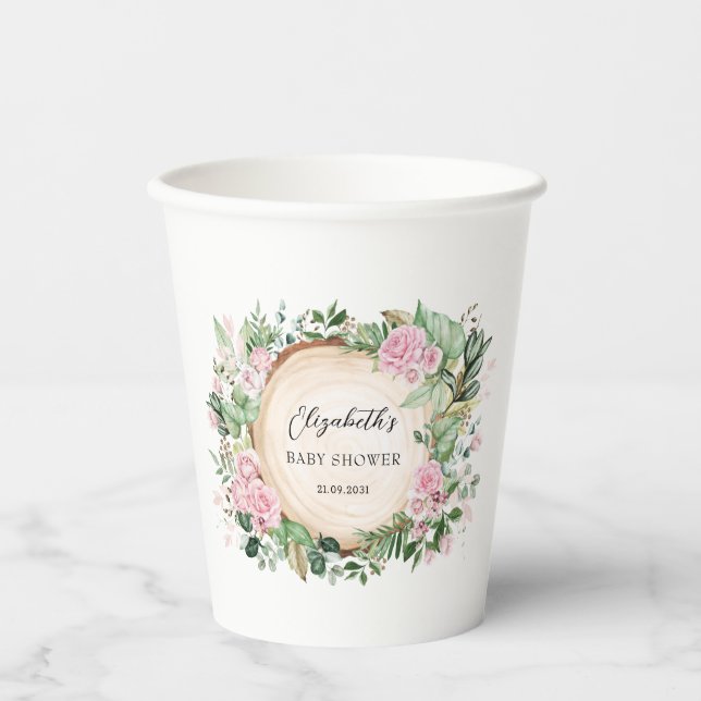 Rustikal Pink Roses Greenery Baby Girl Duschfavori Pappbecher (Vorderseite)