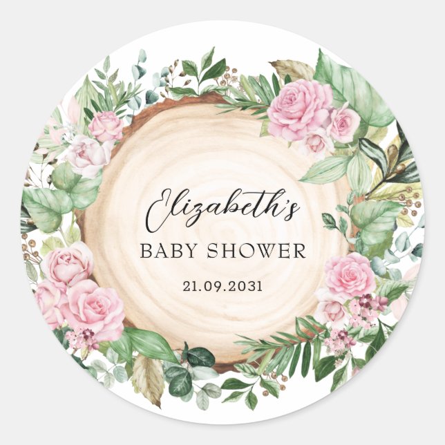 Rustikal Pink Roses Grüngarten Baby Girl Dusche Runder Aufkleber (Vorderseite)