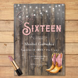 Rustikal Pink Stiefel Cowgirl Sweet 16 Geburtstag Einladung<br><div class="desc">Nehmen Sie sich ein für ein Stiefelfest! Dieser rustikale Western 16 . Geburtstag lädt Sie mit einem zauberhaften Hintergrund aus verwittertem Barnholz, leuchtenden Saitenlichtern und einem stilvollen Paar aus rosa und bräunlichen Cowgirl-Stiefeln ein. Dieses Design ist perfekt für die ländliche Geburtstagsfrau geeignet und Set die Bühne für eine Nacht voller...</div>