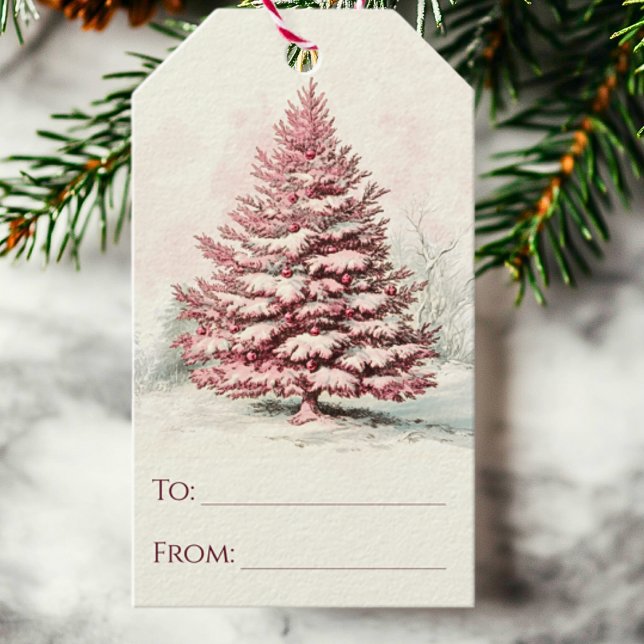 Rustikal Pink Wasserfarbe Winter Pine Tree Weihnac Geschenkanhänger (Rustic Snow Woodland Pine Tree To and From Christmas Gift Tags)