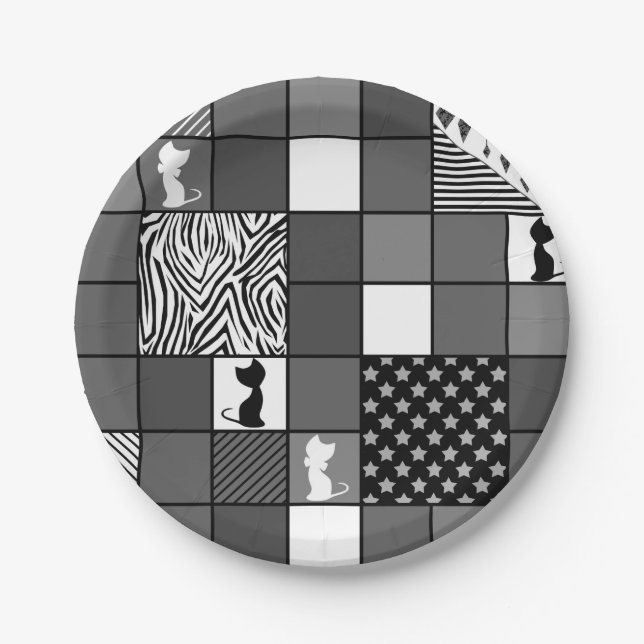 Rustikal, populär, schwarz und weiß, Patchwork, Si Pappteller (Vorderseite)