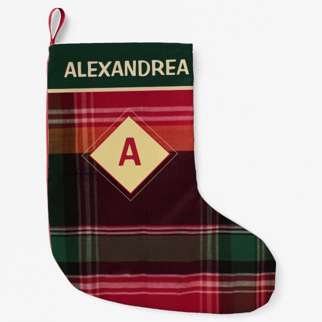 Rustikal Red Green Kariert Diamond Monogram Custom Kleiner Weihnachtsstrumpf (Vorderseite)